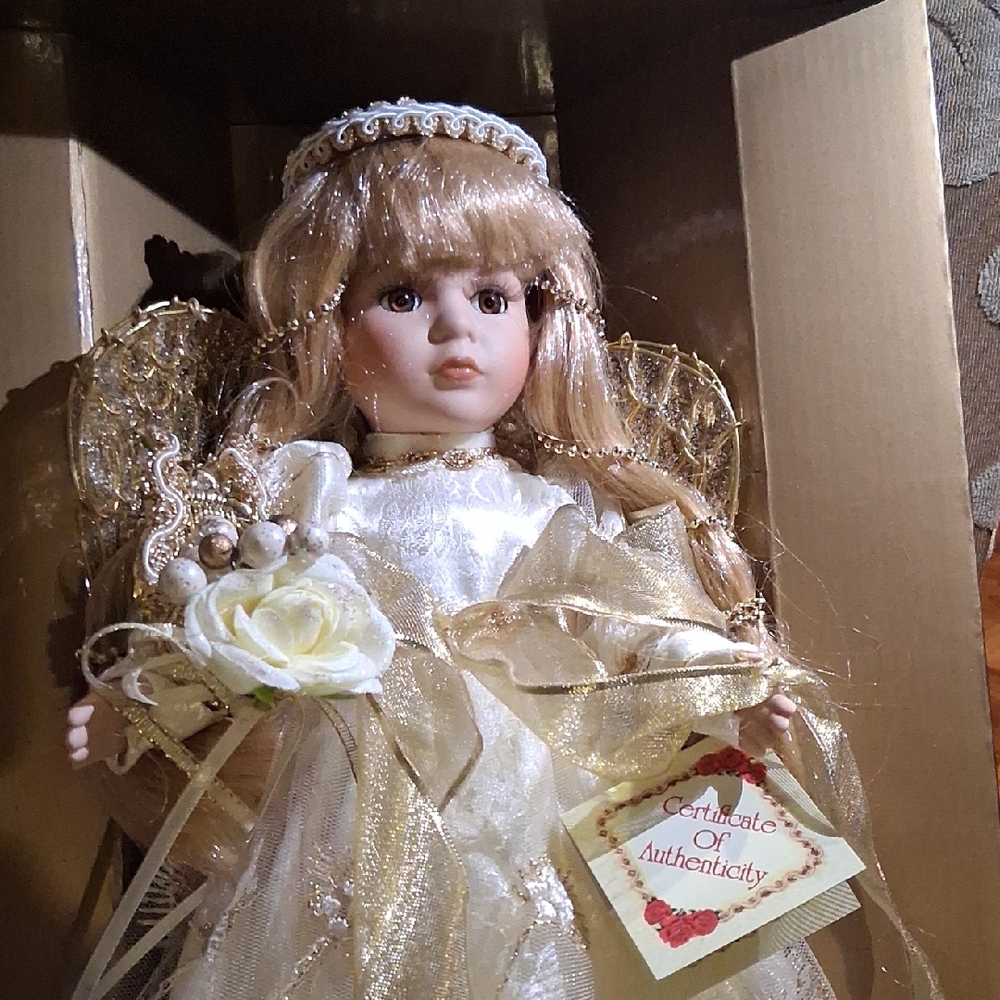 Collectors Elegant Genuine Fine Bisque Porcelain Doll with Gold and White Dress